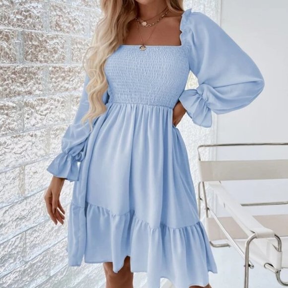 Shirred Bodice Flounce Sleeve Ruffle Hem Dress BLUE